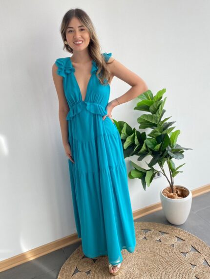 Vestido turquesa largo vuelito en hombros espalda corset