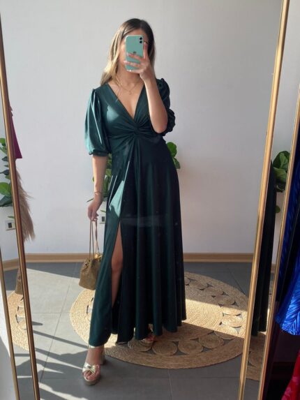 Vestido verde largo escote cruzado manga globo